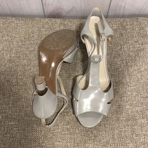 Patent leather gray sandals -gorgeous heel detail